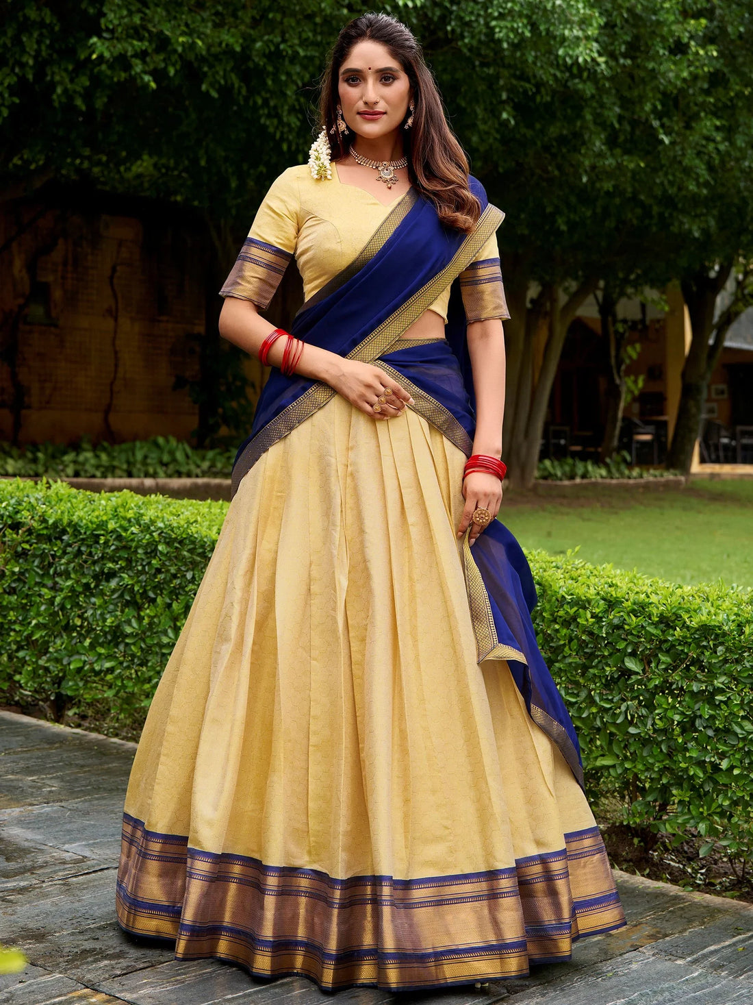 Beautiful Navy Blue Zari Weaving Kanjivaram Traditional Half Saree Lehenga