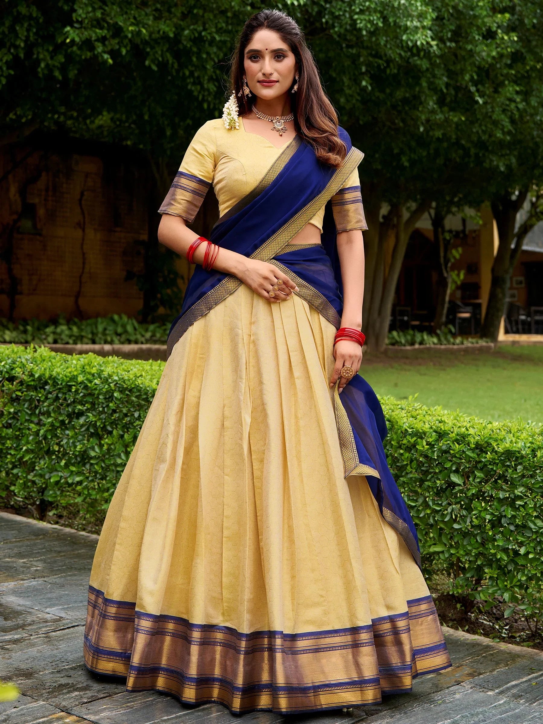 Beautiful Navy Blue Zari Weaving Kanjivaram Traditional Half Saree Lehenga