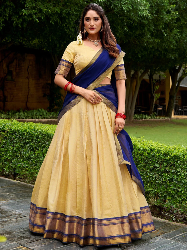 Beautiful Navy Blue Zari Weaving Kanjivaram Traditional Half Saree Lehenga
