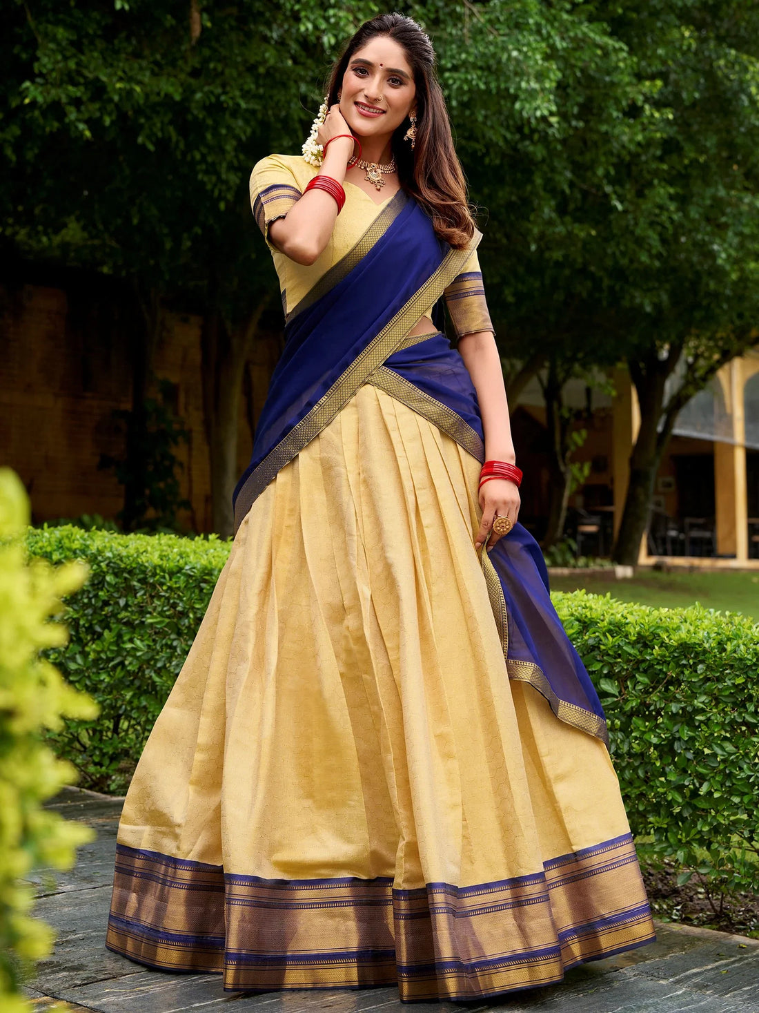 Beautiful Navy Blue Zari Weaving Kanjivaram Traditional Half Saree Lehenga