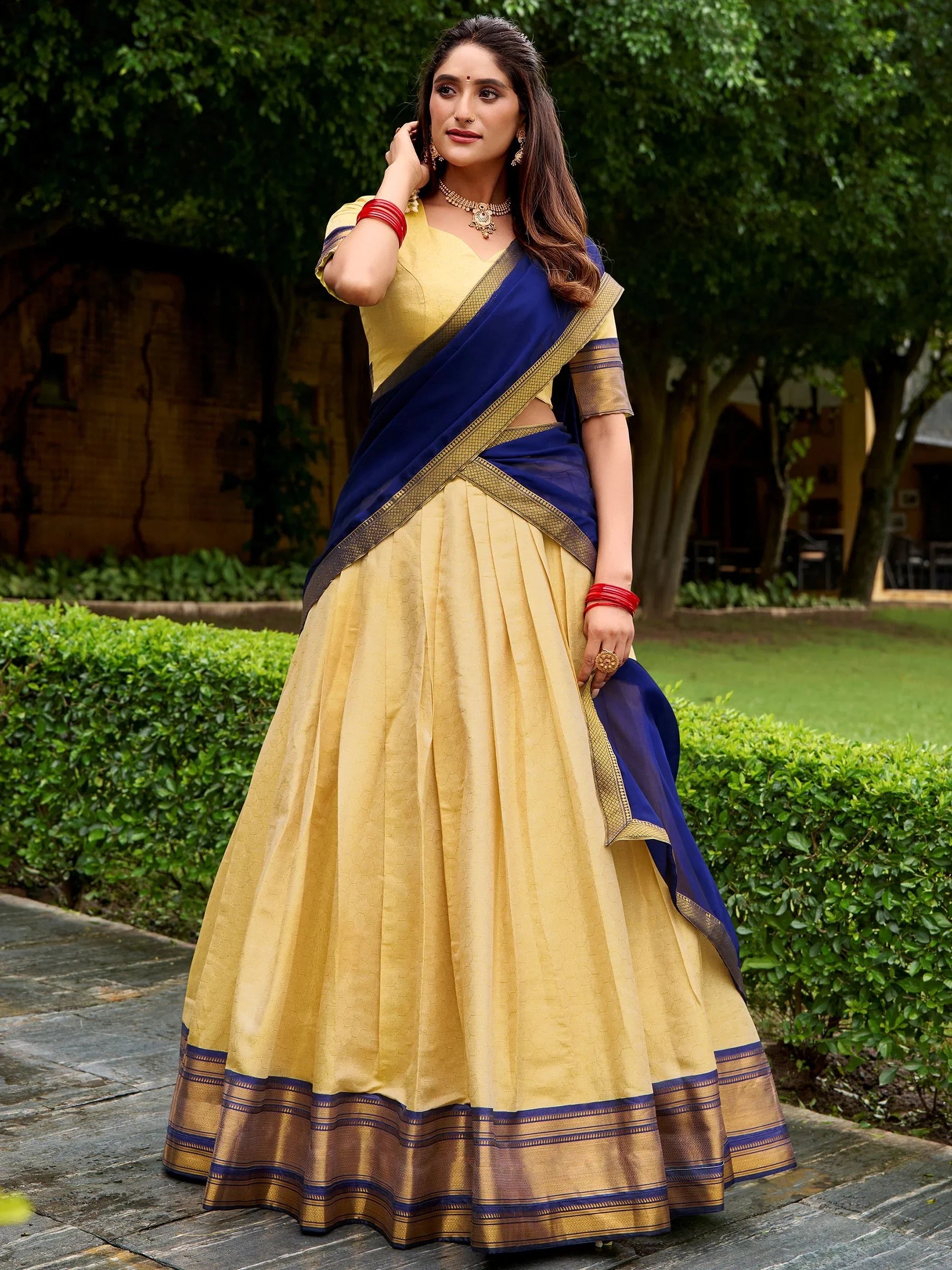 Beautiful Navy Blue Zari Weaving Kanjivaram Traditional Half Saree Lehenga