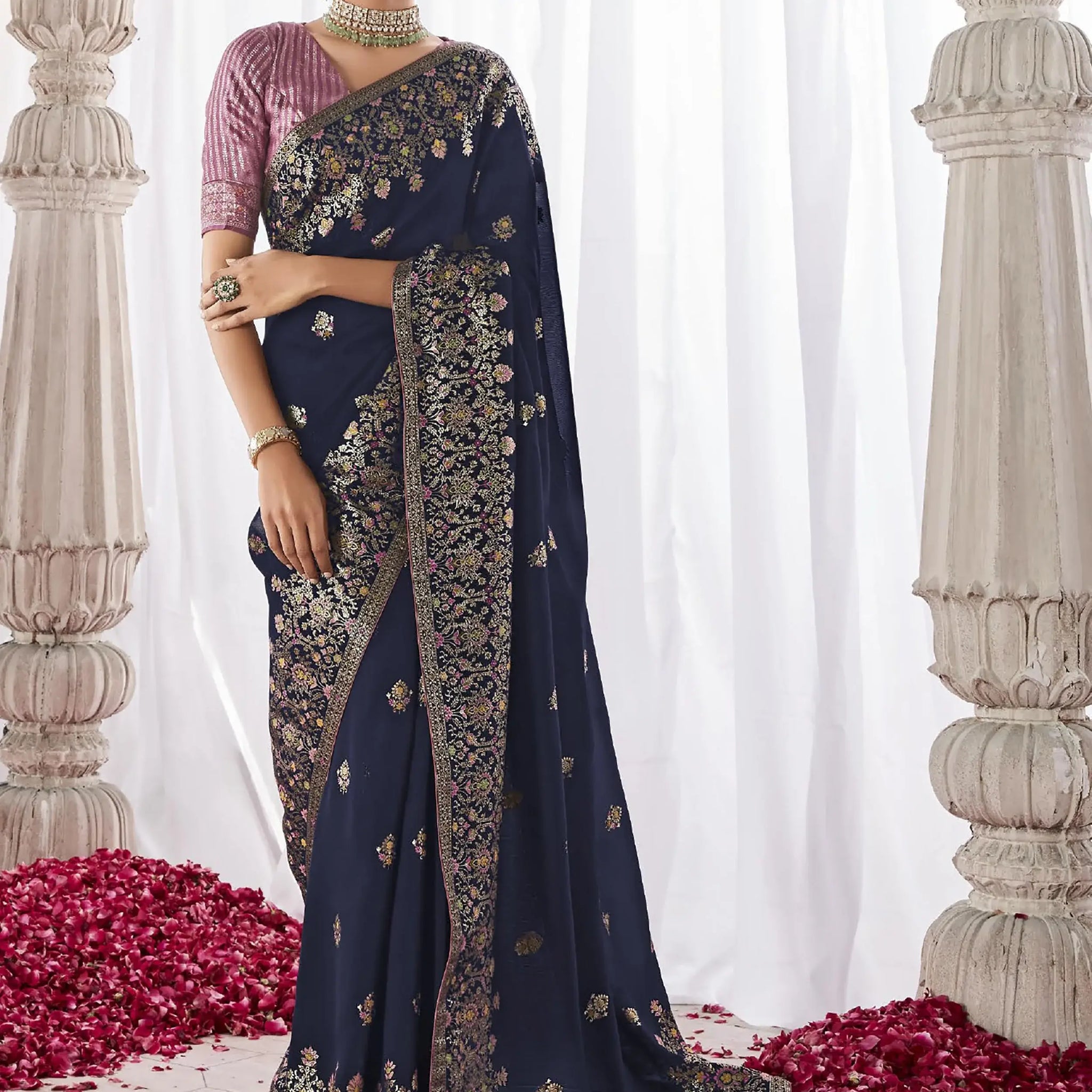Beautiful Navy Blue Zari Weaving Silk Engagement Wear Saree - Zeel Clothing