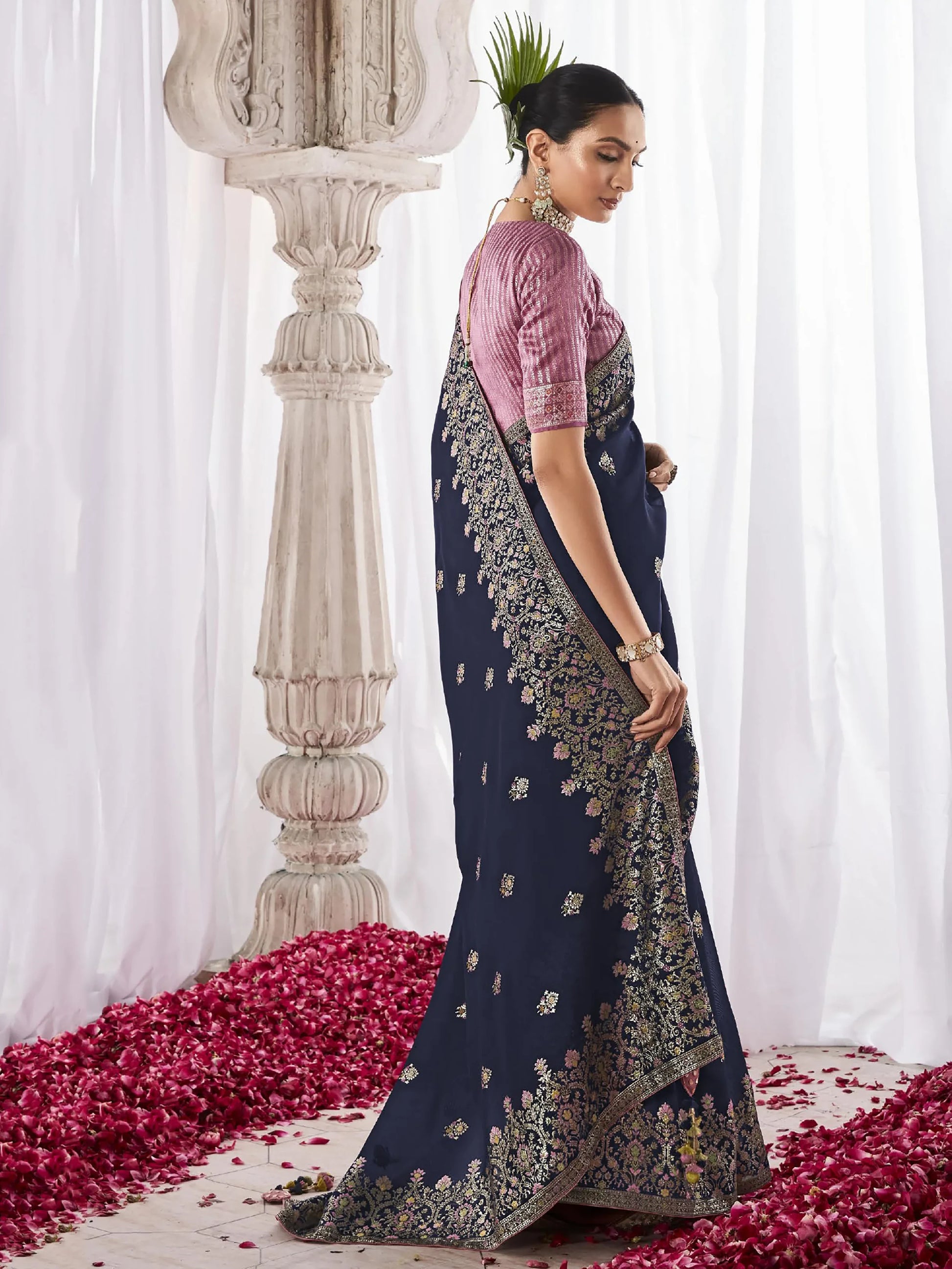 Beautiful Navy Blue Zari Weaving Silk Engagement Wear Saree - Zeel Clothing