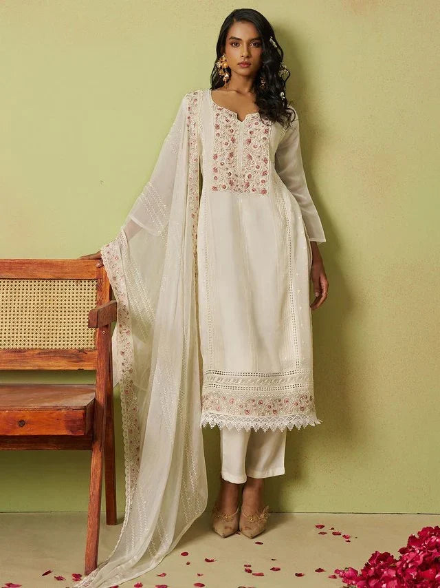 Beautiful Off-White Bead Work Organza Silk Pant Suit With Dupatta - Zeel Clothing