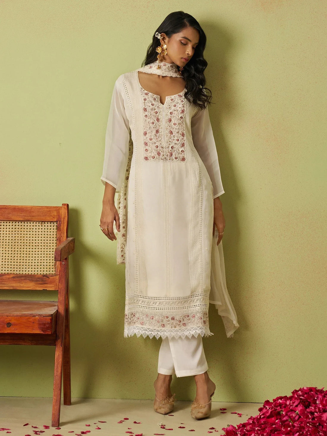 Beautiful Off-White Bead Work Organza Silk Pant Suit With Dupatta - Zeel Clothing