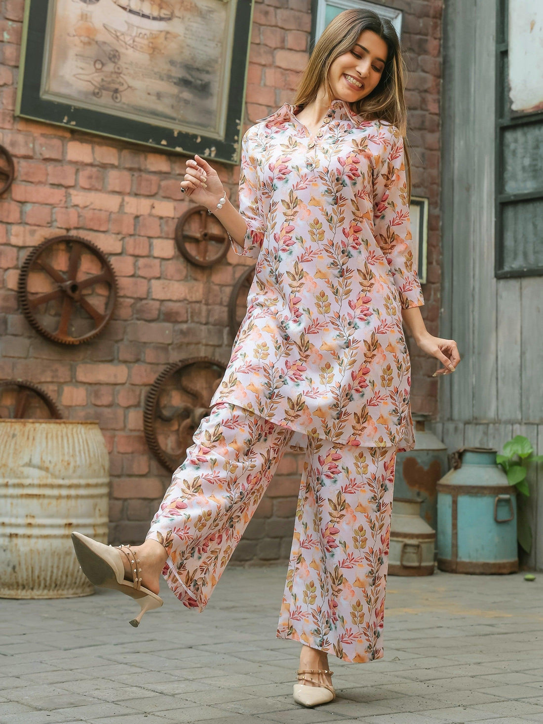 Beautiful Off-White Digital Printed Cotton Top Palazzo Co-Ord Set
