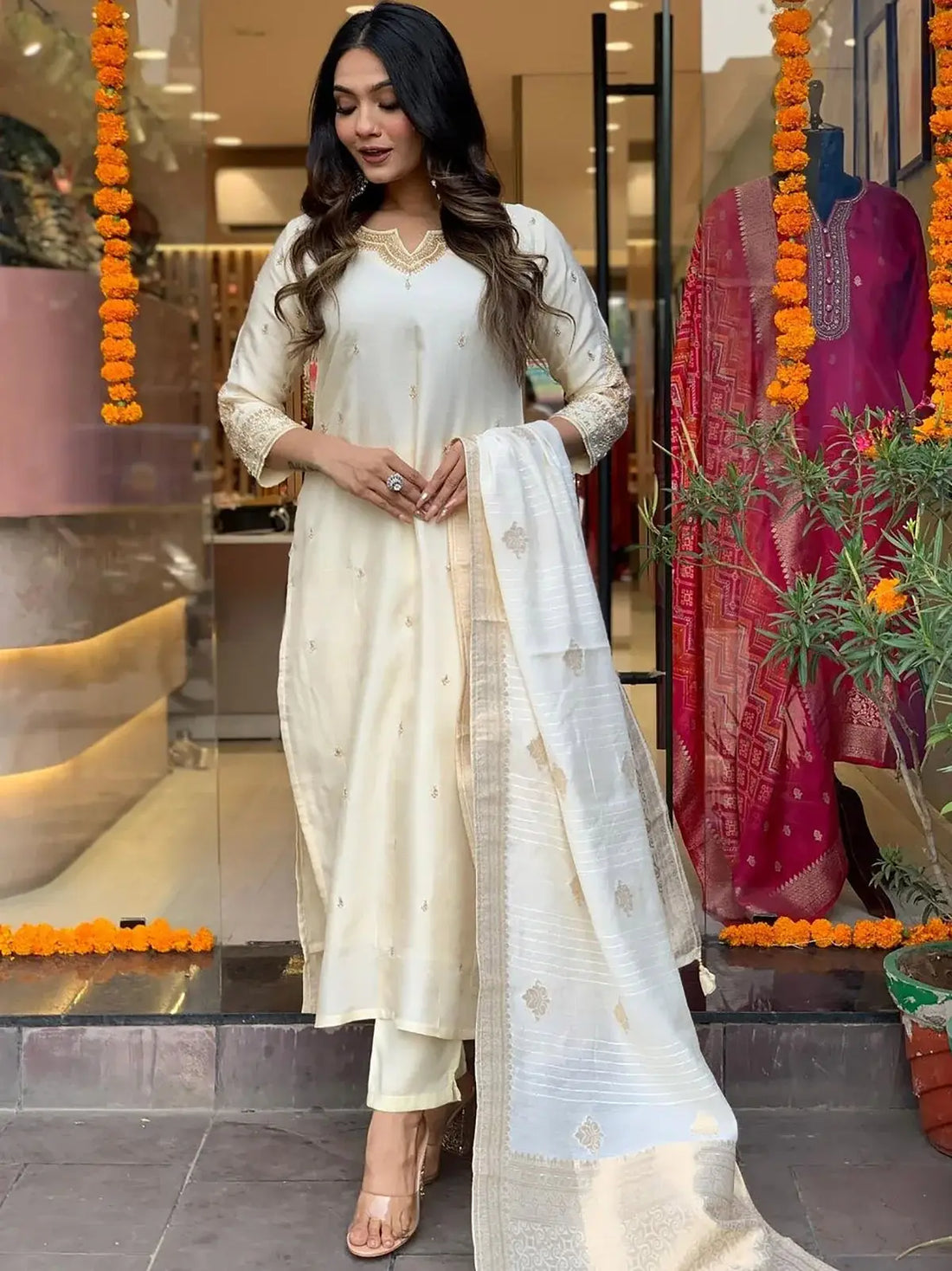 Beautiful Off-White Embroidered Viscose Festival Wear Pant Suit - Zeel Clothing