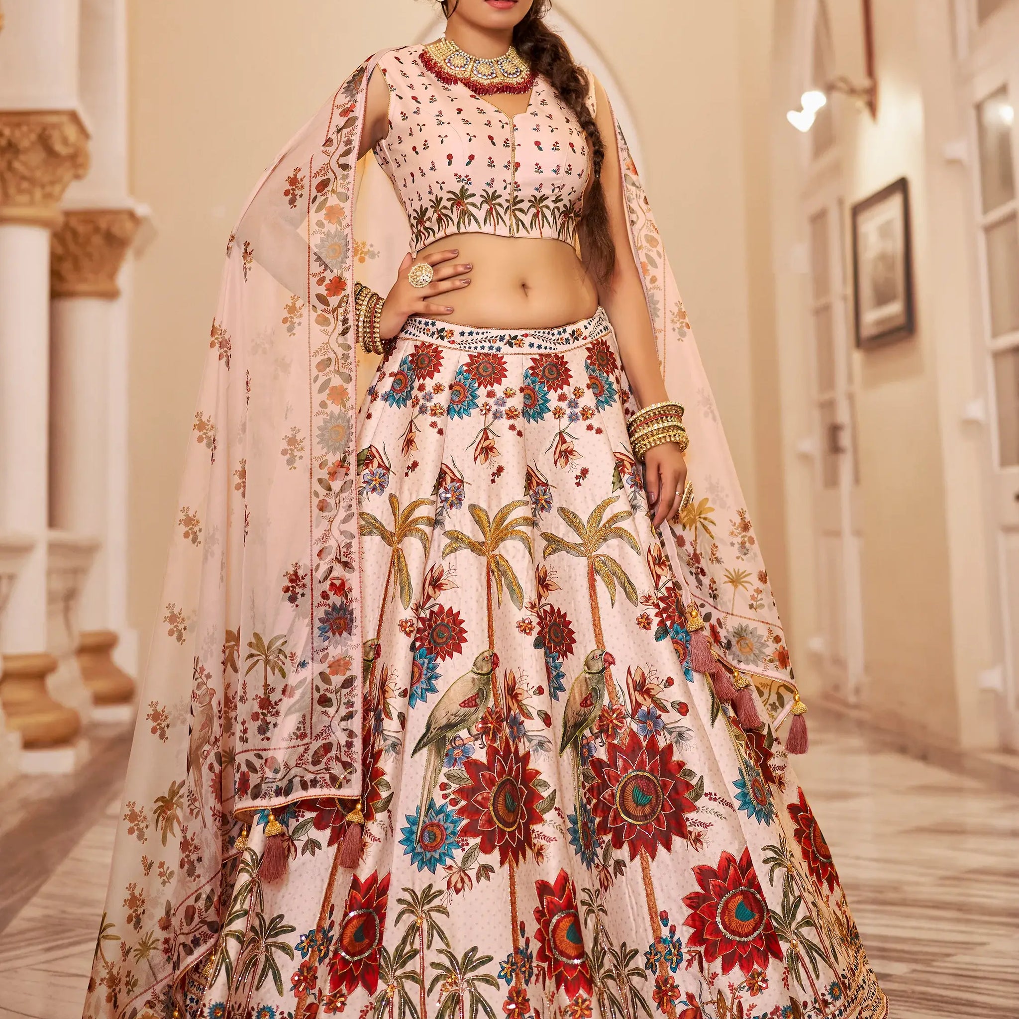 Beautiful Off-White Floral Printed Art Silk Wedding Wear Lehenga Choli - Zeel Clothing