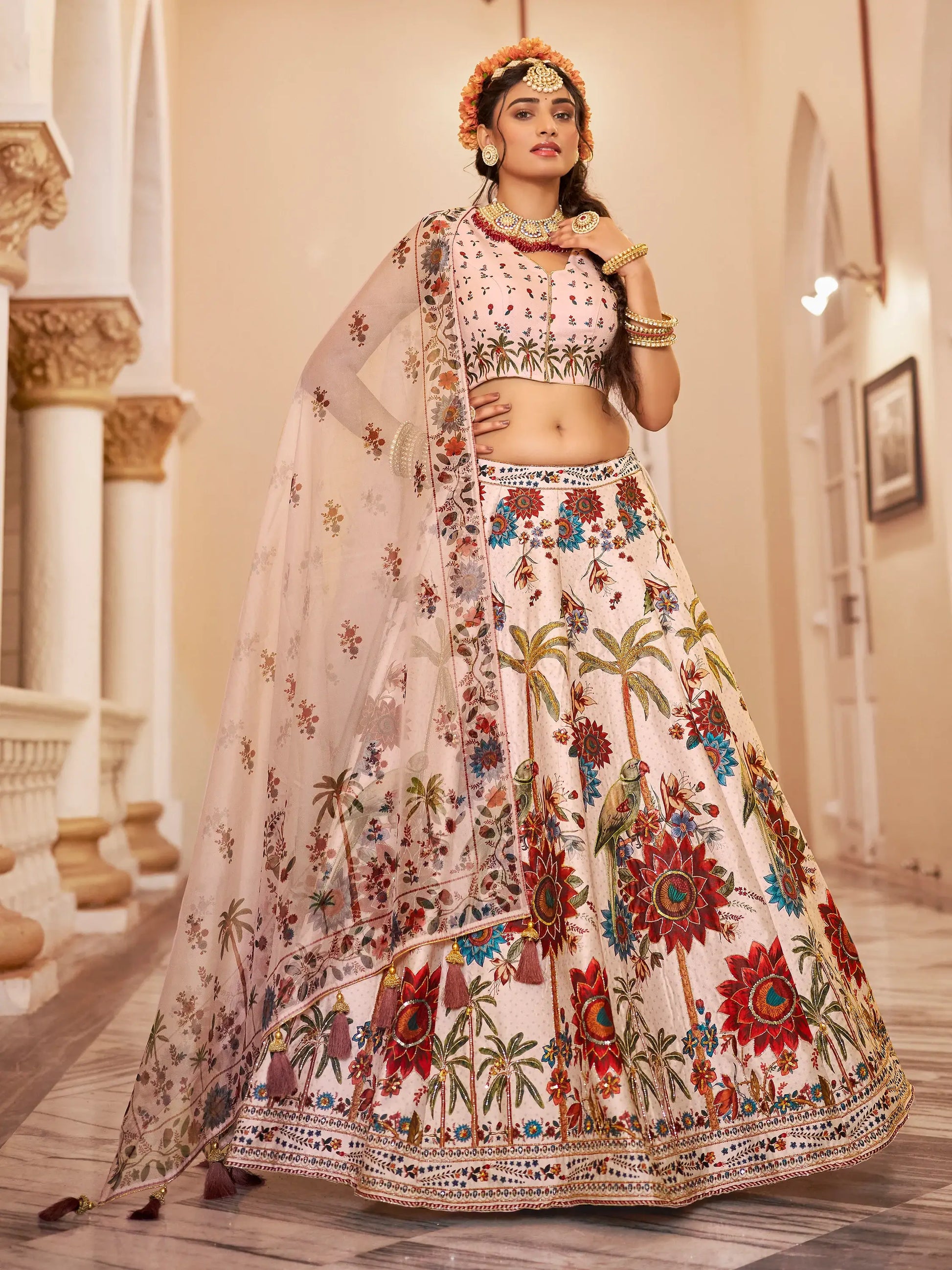Beautiful Off-White Floral Printed Art Silk Wedding Wear Lehenga Choli - Zeel Clothing