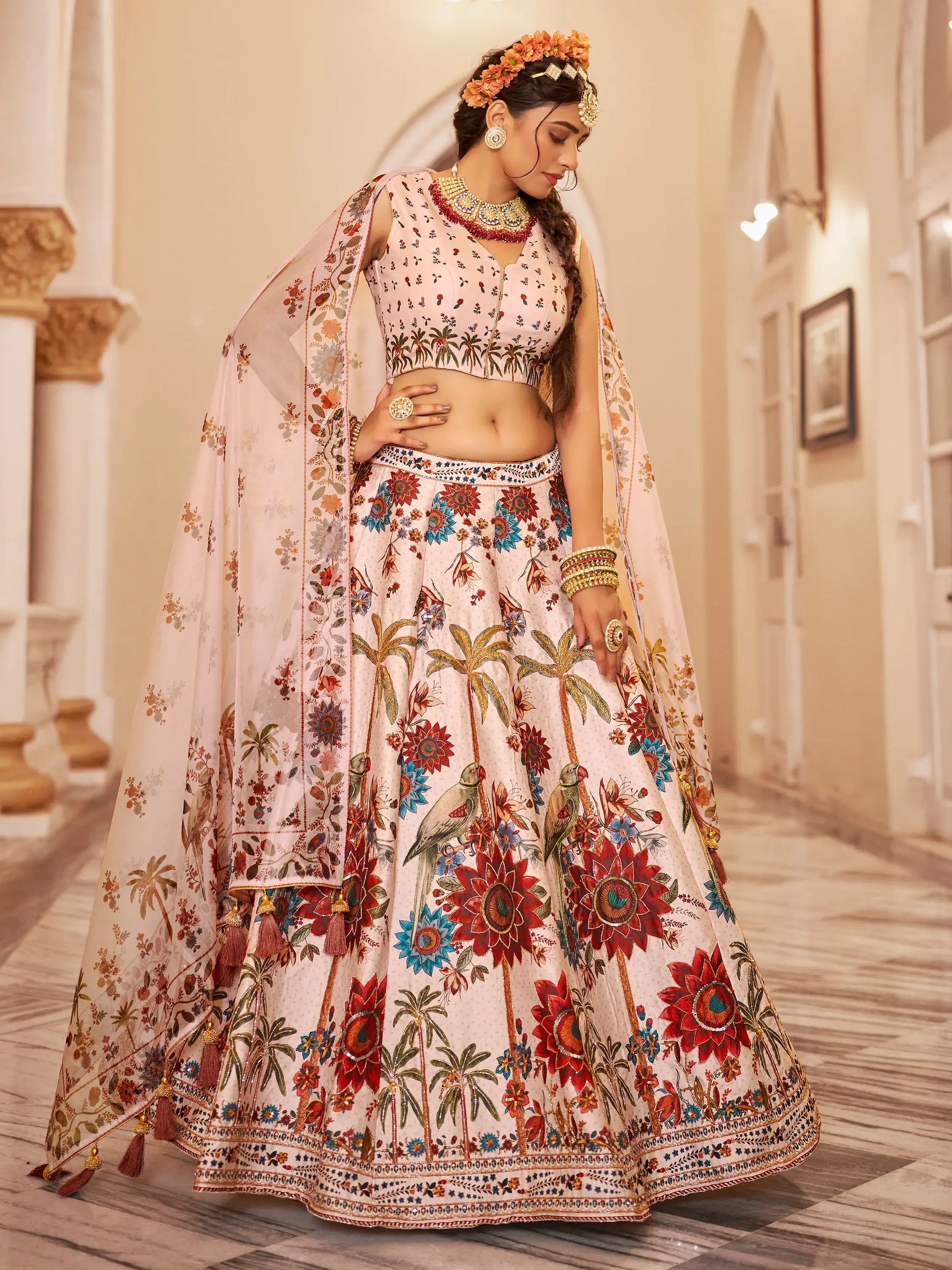 Beautiful Off-White Floral Printed Art Silk Wedding Wear Lehenga Choli - Zeel Clothing