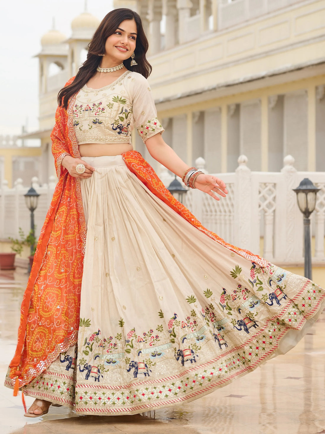 Beautiful Off-White Sequins Tissue Lehenga Choli With Orange Dupatta
