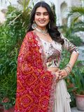 Beautiful Off-White Sequins Tissue Silk Lehenga Choli With Red Dupatta - Zeel Clothing