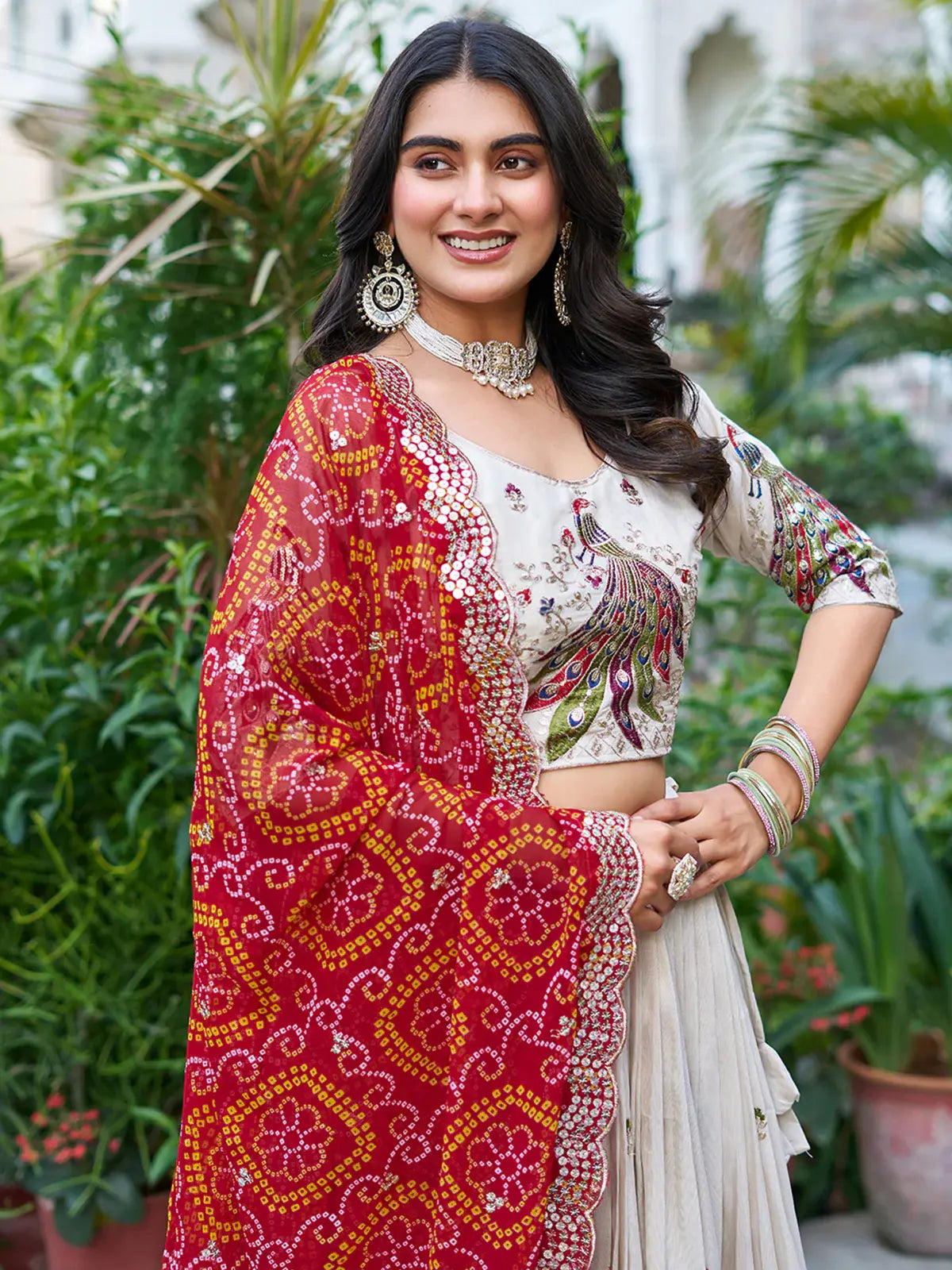 Beautiful Off-White Sequins Tissue Silk Lehenga Choli With Red Dupatta - Zeel Clothing