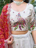 Beautiful Off-White Sequins Tissue Silk Lehenga Choli With Red Dupatta - Zeel Clothing