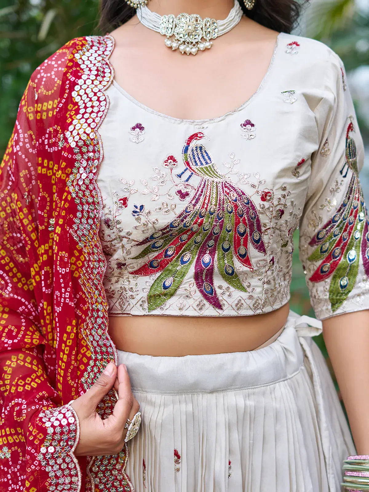 Beautiful Off-White Sequins Tissue Silk Lehenga Choli With Red Dupatta - Zeel Clothing