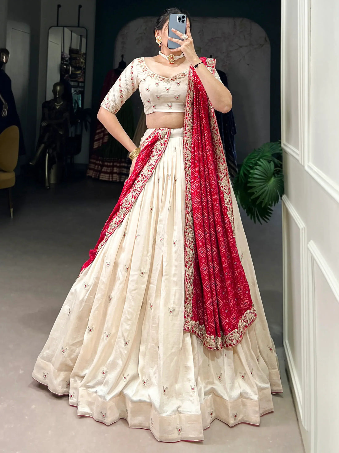 Beautiful Off-White Silk Wedding Lehenga Choli With Bandhani Dupatta - Zeel Clothing