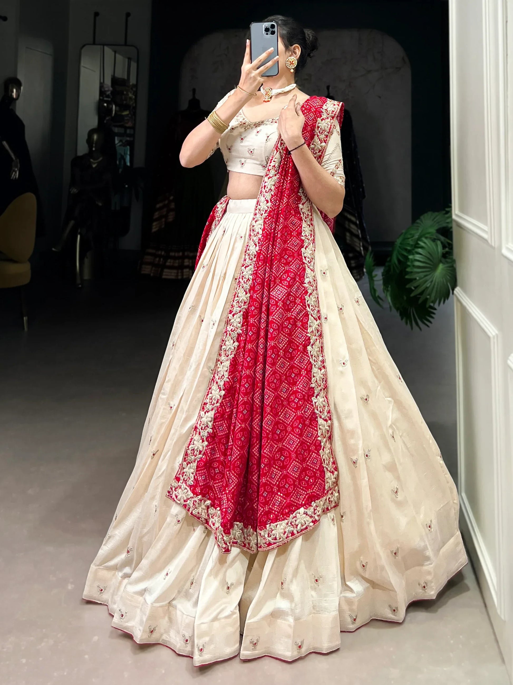Beautiful Off-White Silk Wedding Lehenga Choli With Bandhani Dupatta - Zeel Clothing
