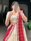 Beautiful Off-White Silk Wedding Lehenga Choli With Bandhani Dupatta - Zeel Clothing