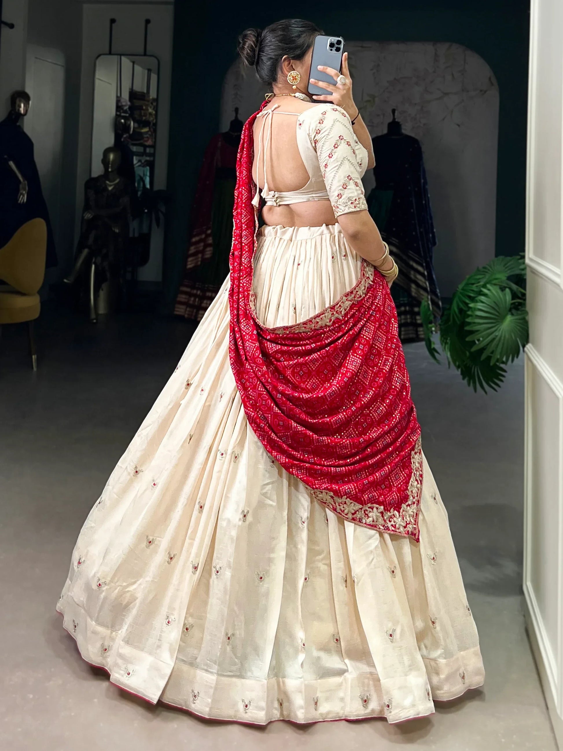 Beautiful Off-White Silk Wedding Lehenga Choli With Bandhani Dupatta - Zeel Clothing