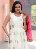 Beautiful Off-White Thread Embroidered Chinon Silk Gown With Printed Jacket - Zeel Clothing