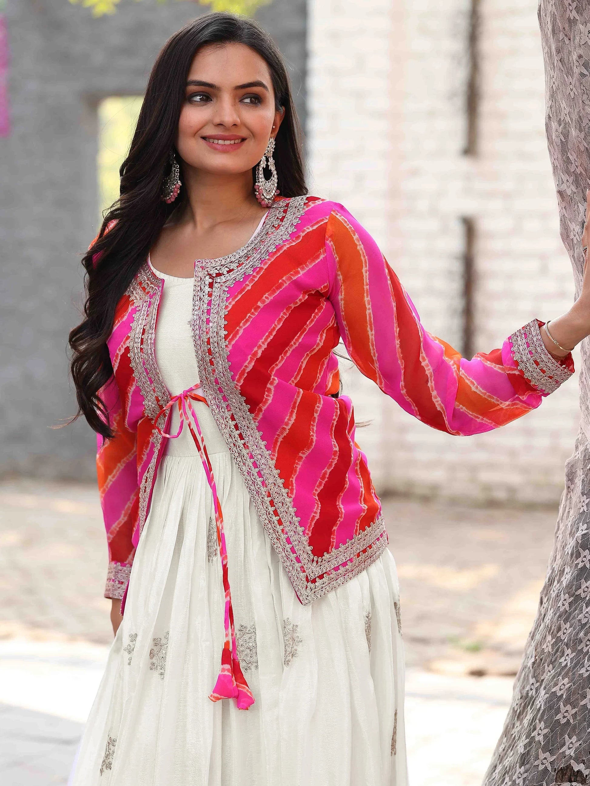 Beautiful Off-White Thread Embroidered Chinon Silk Gown With Printed Jacket - Zeel Clothing