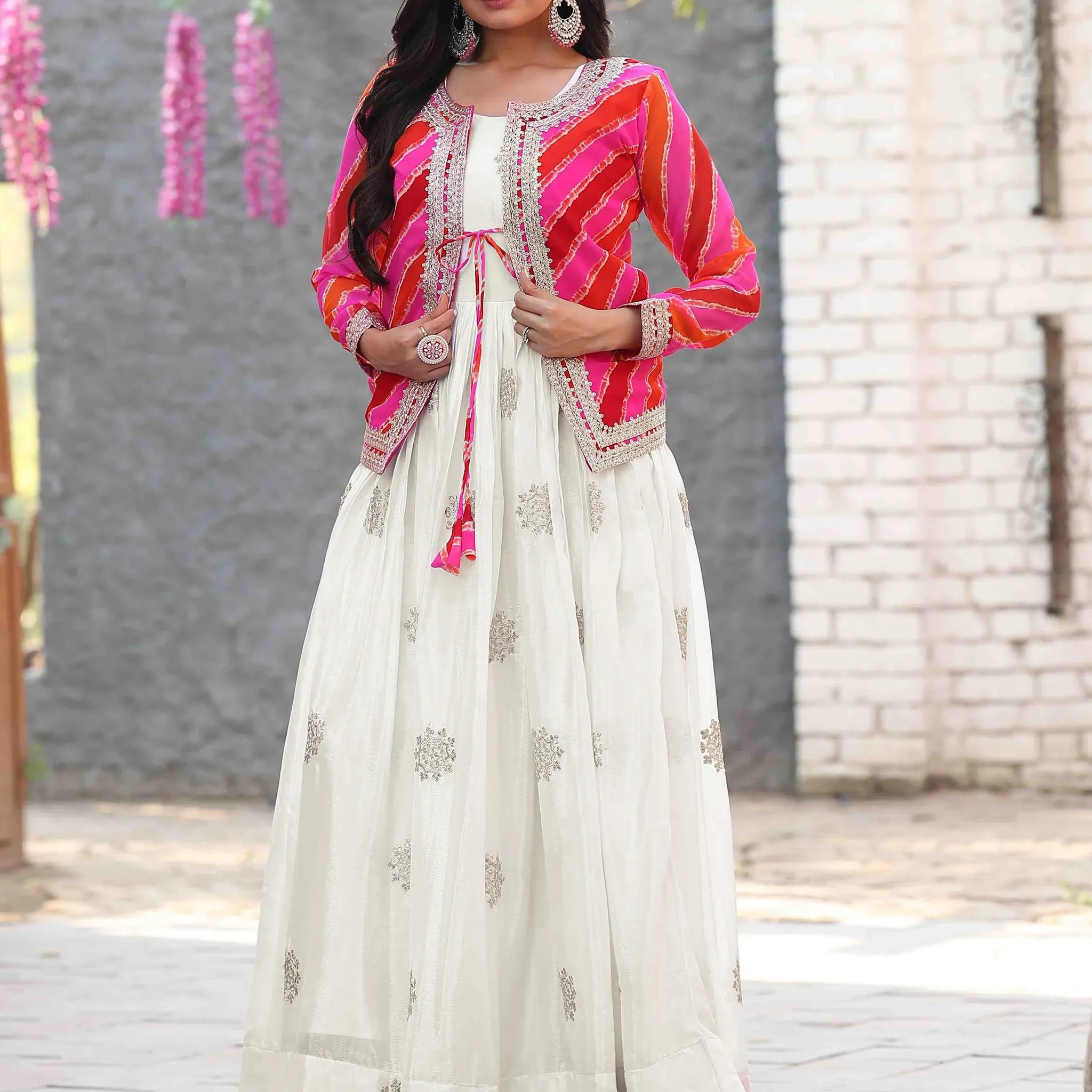 Beautiful Off-White Thread Embroidered Chinon Silk Gown With Printed Jacket - Zeel Clothing