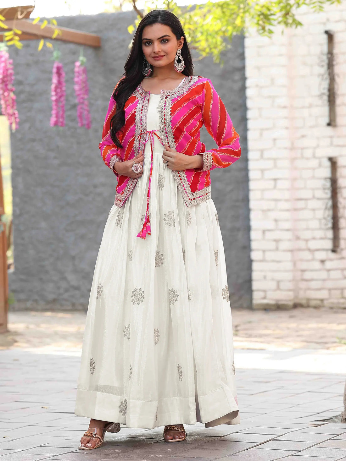 Beautiful Off-White Thread Embroidered Chinon Silk Gown With Printed Jacket - Zeel Clothing