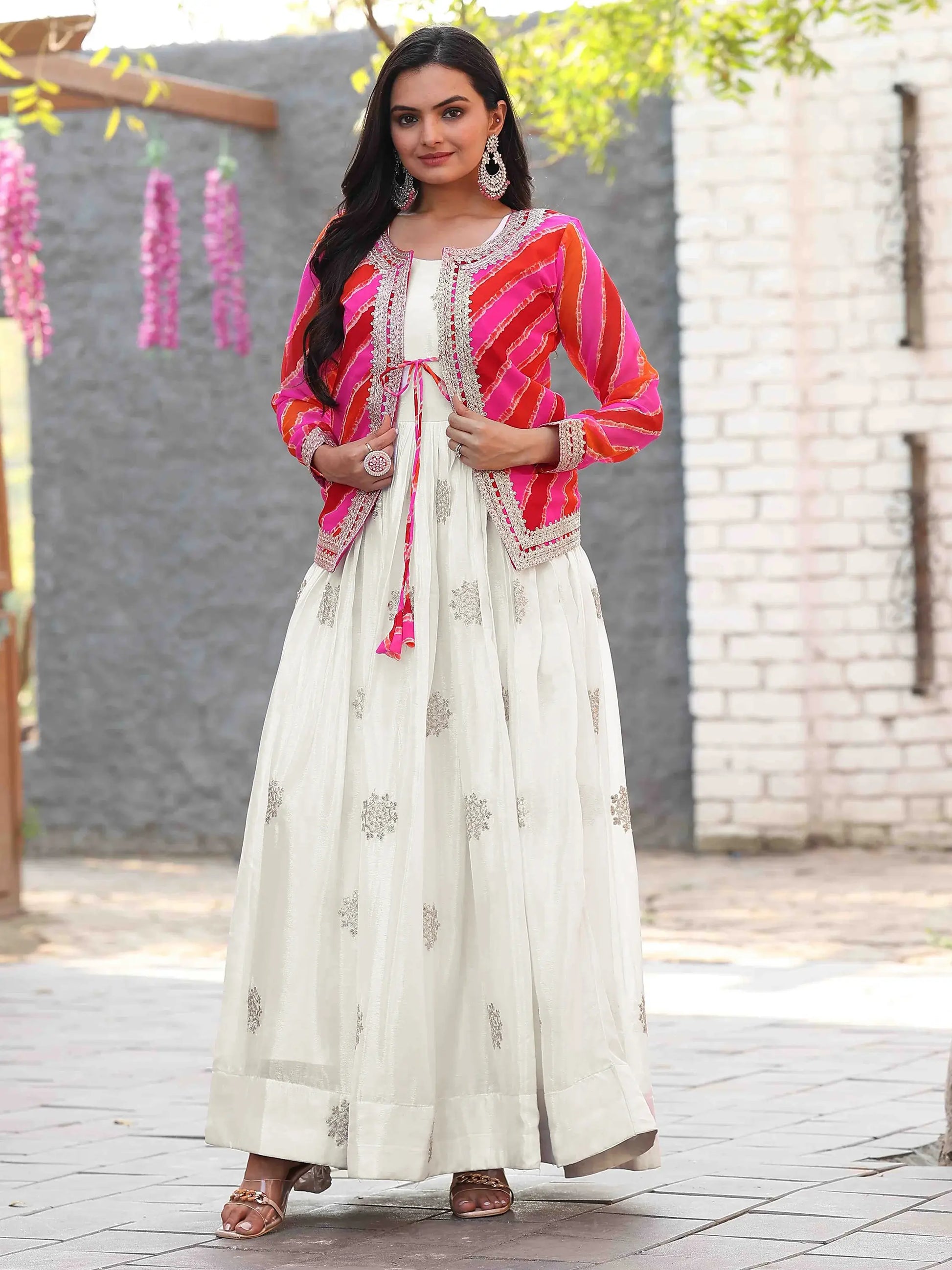 Beautiful Off-White Thread Embroidered Chinon Silk Gown With Printed Jacket - Zeel Clothing