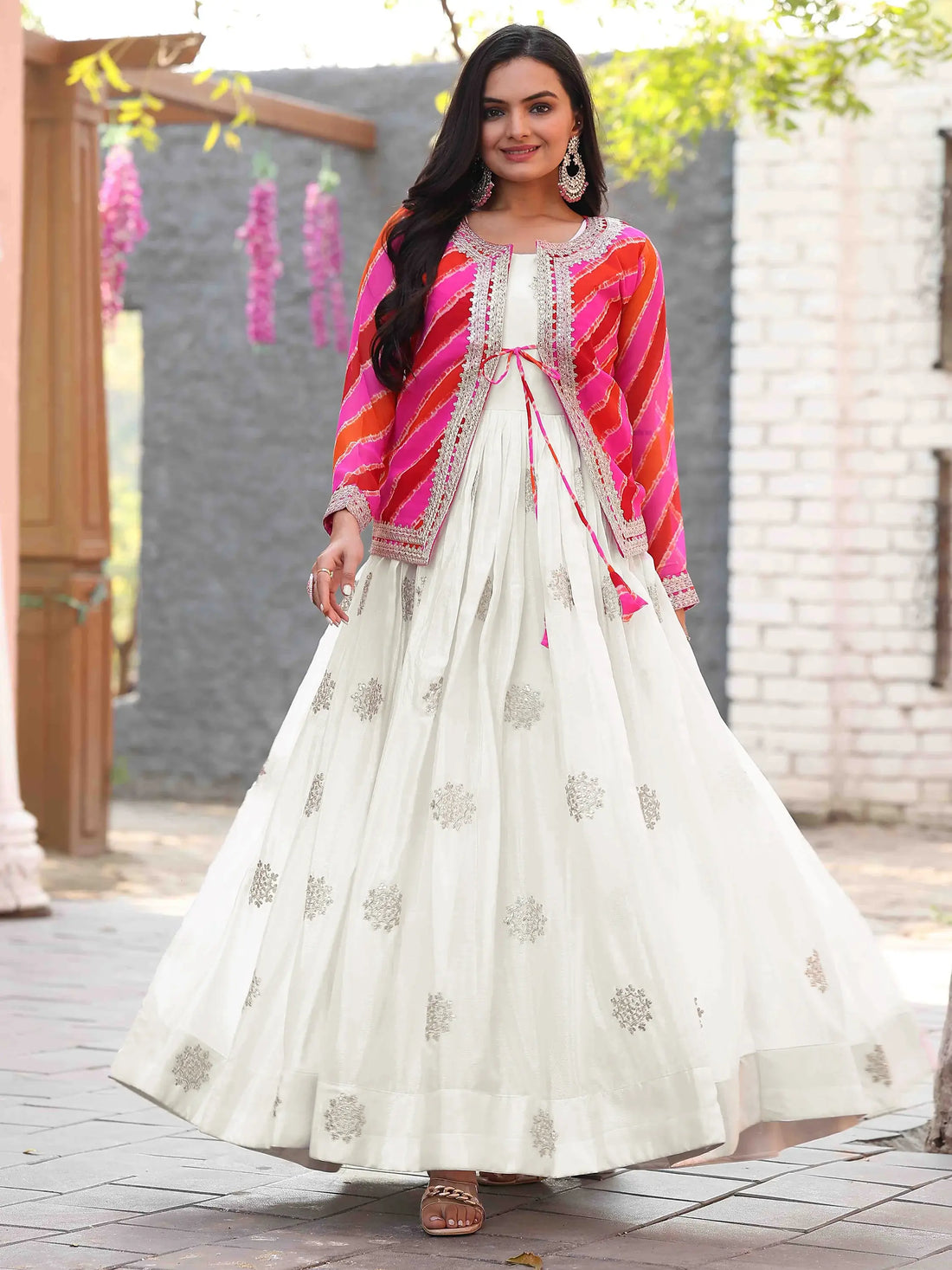 Beautiful Off-White Thread Embroidered Chinon Silk Gown With Printed Jacket - Zeel Clothing