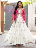 Beautiful Off-White Thread Embroidered Chinon Silk Gown With Printed Jacket - Zeel Clothing