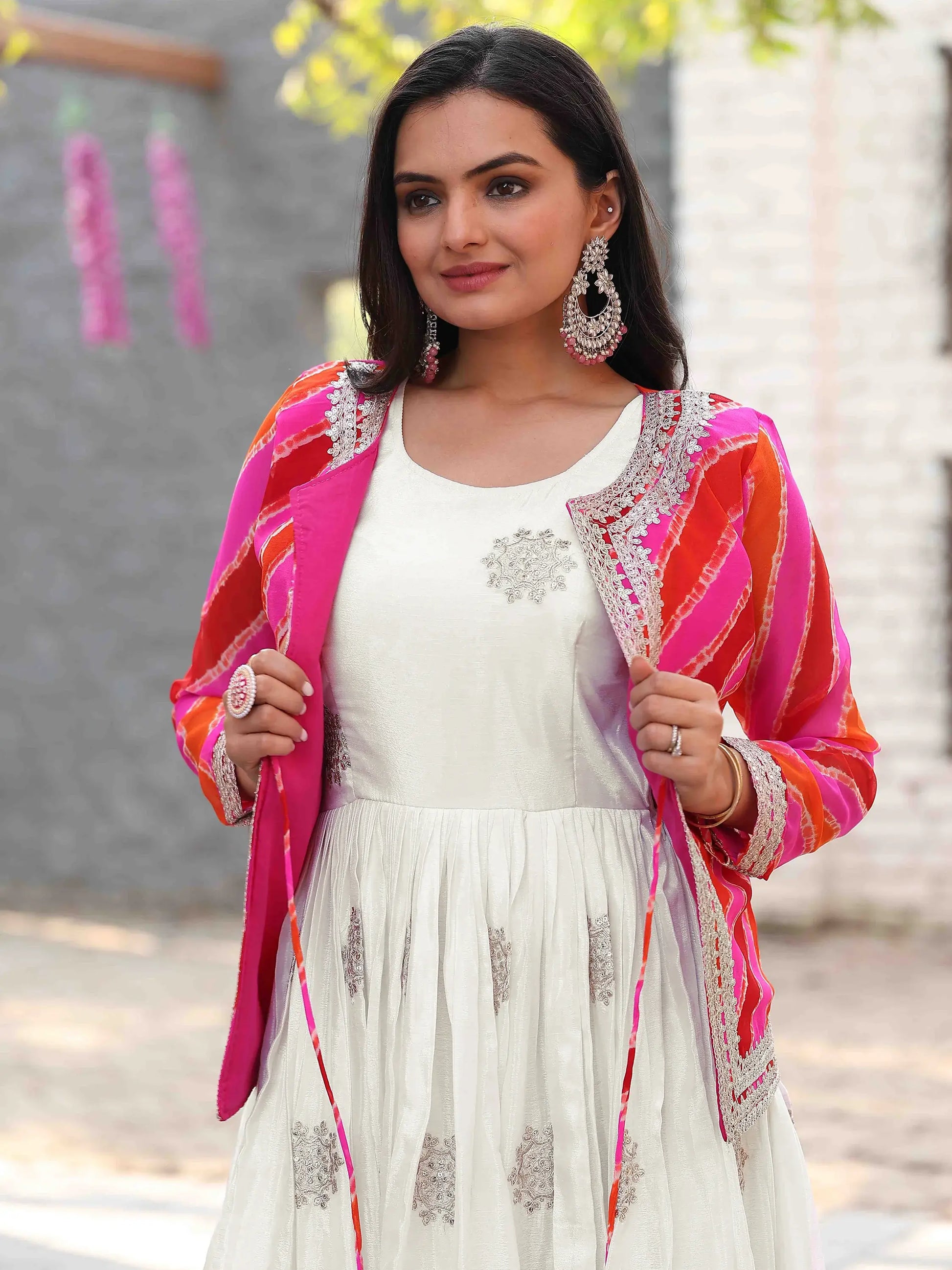 Beautiful Off-White Thread Embroidered Chinon Silk Gown With Printed Jacket - Zeel Clothing