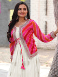 Beautiful Off-White Thread Embroidered Chinon Silk Gown With Printed Jacket - Zeel Clothing