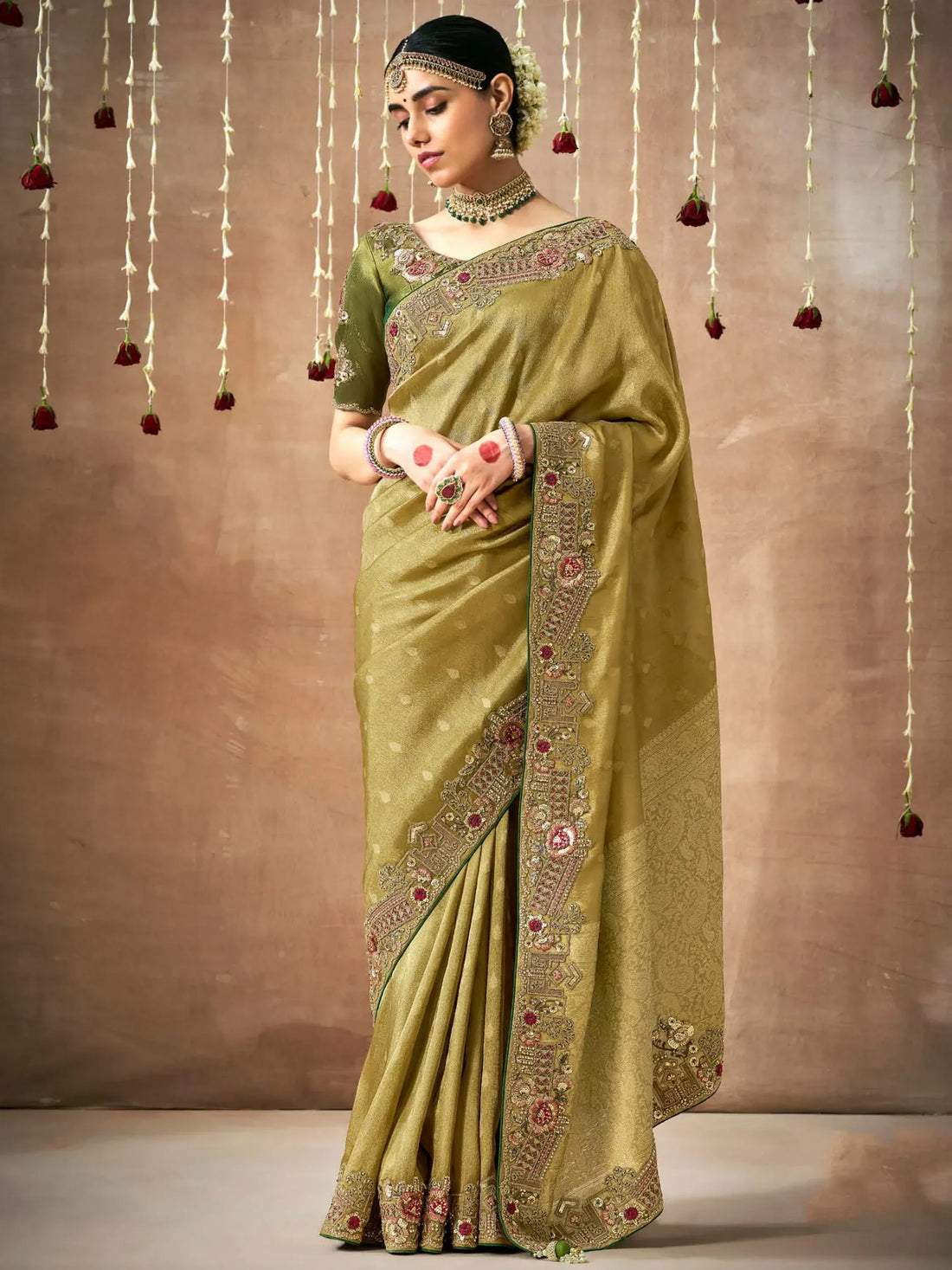 Beautiful Olive Green Heavy Border Work Silk Mehendi Wear Saree - Zeel Clothing
