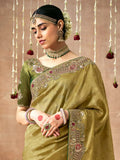 Beautiful Olive Green Heavy Border Work Silk Mehendi Wear Saree - Zeel Clothing