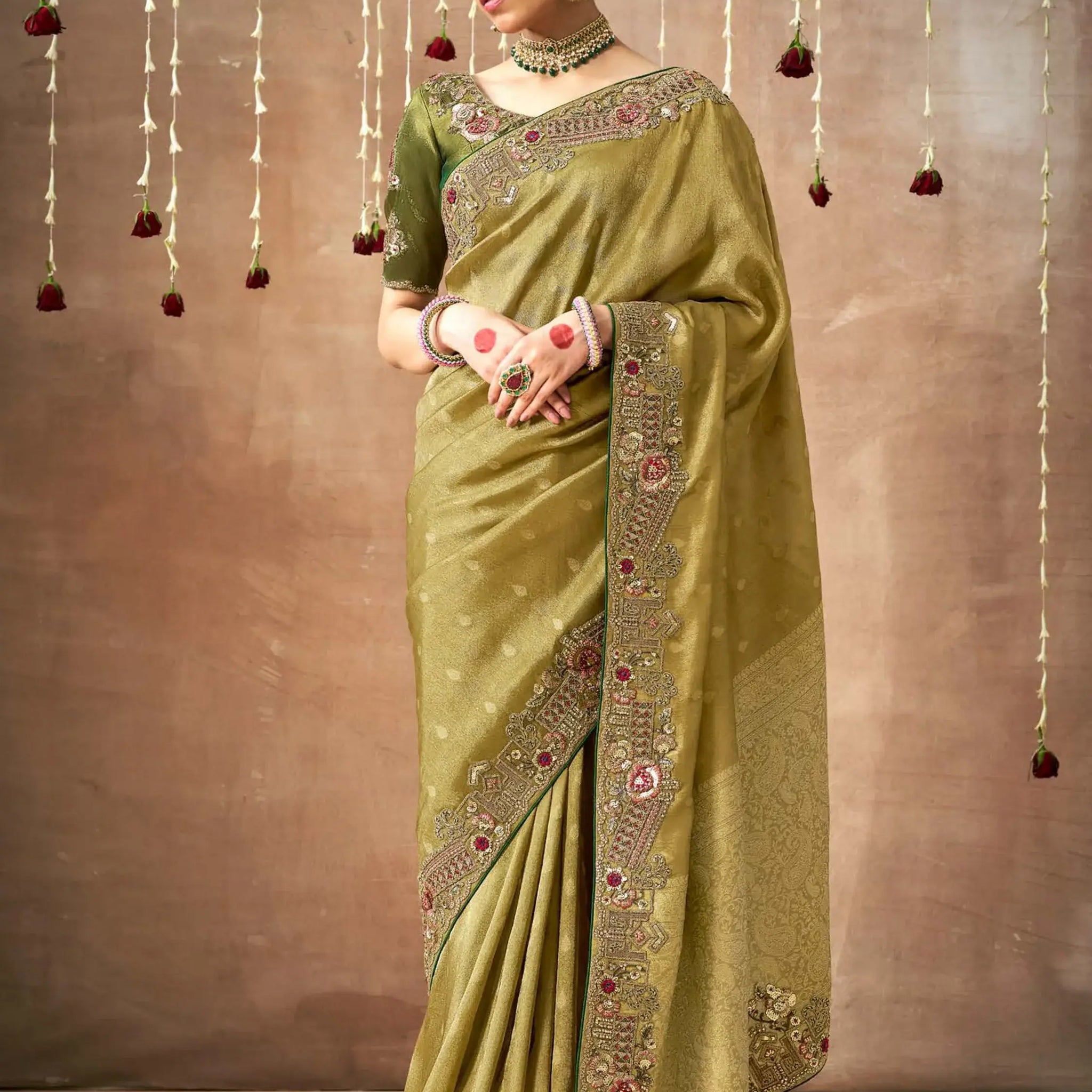 Beautiful Olive Green Heavy Border Work Silk Mehendi Wear Saree - Zeel Clothing