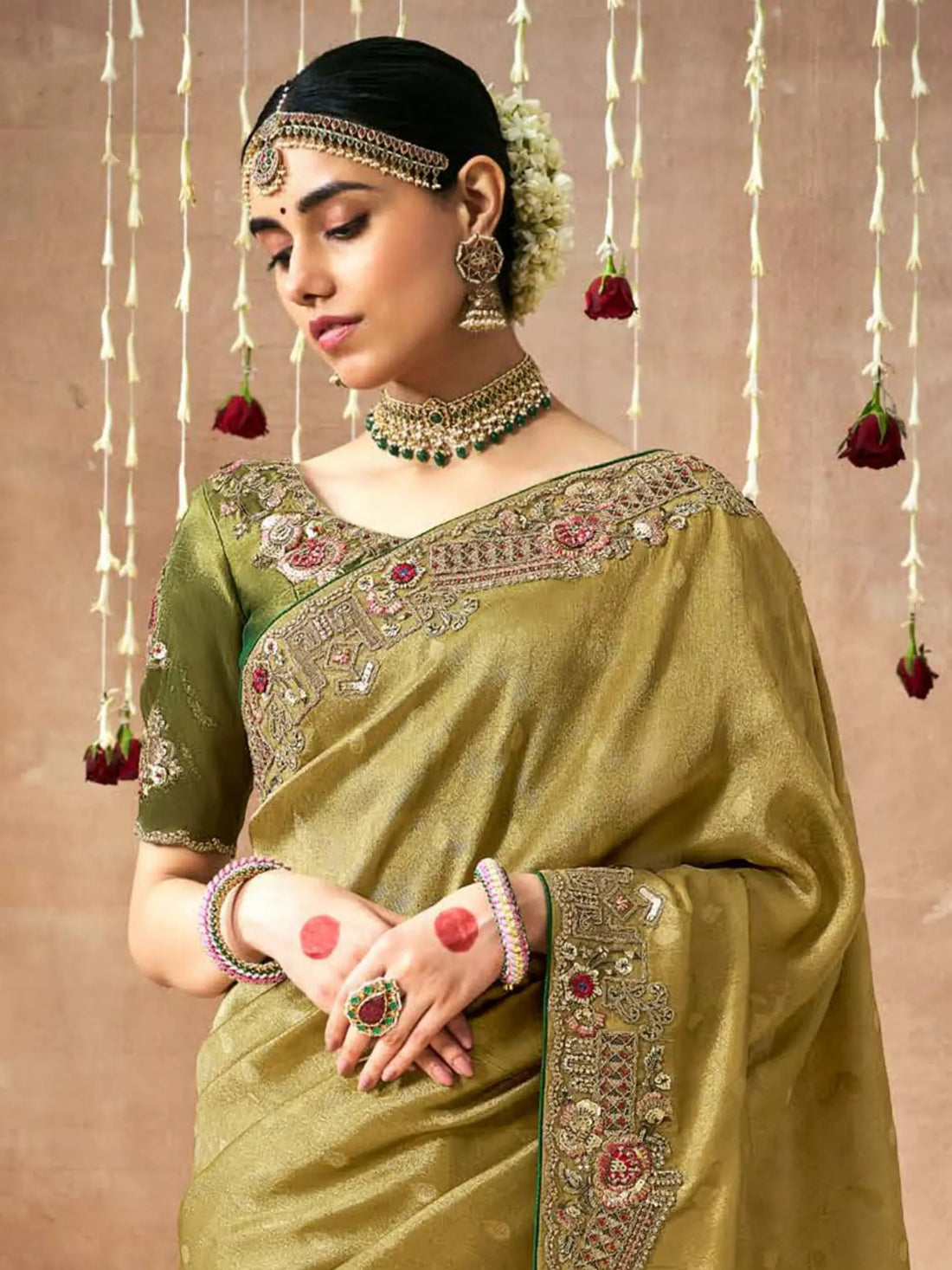 Beautiful Olive Green Heavy Border Work Silk Mehendi Wear Saree - Zeel Clothing