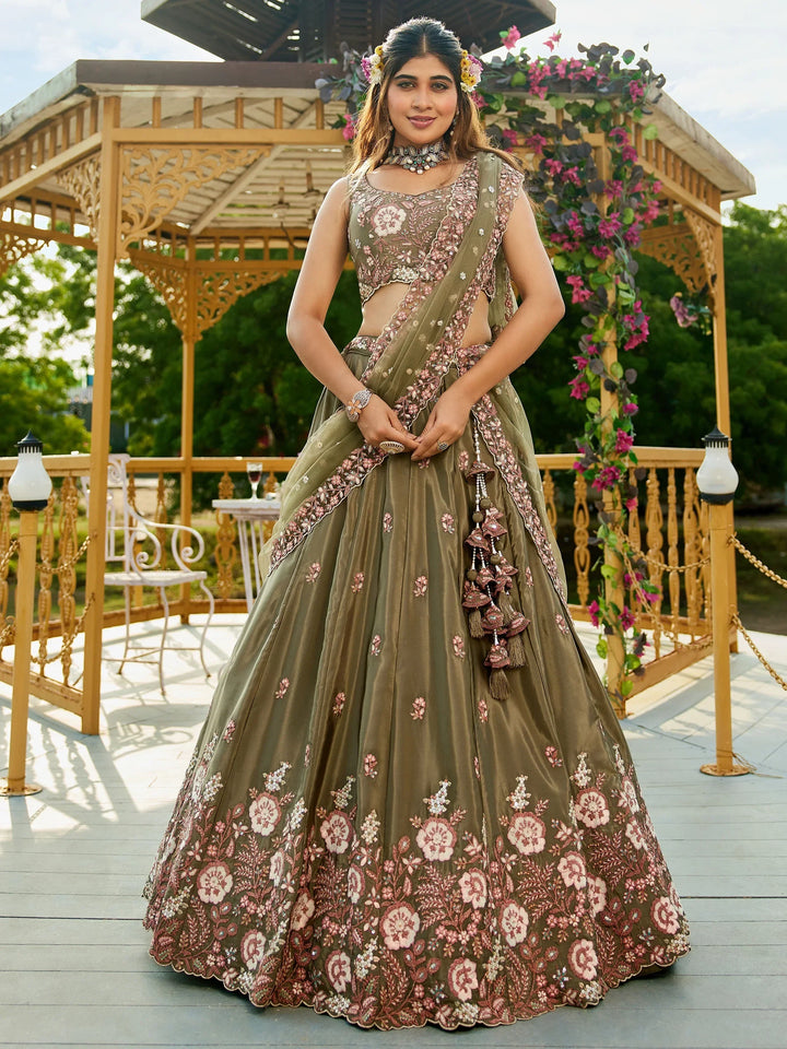 Beautiful Olive-Green Thread Work Satin Mehendi Wear Lehenga Choli - Zeel Clothing