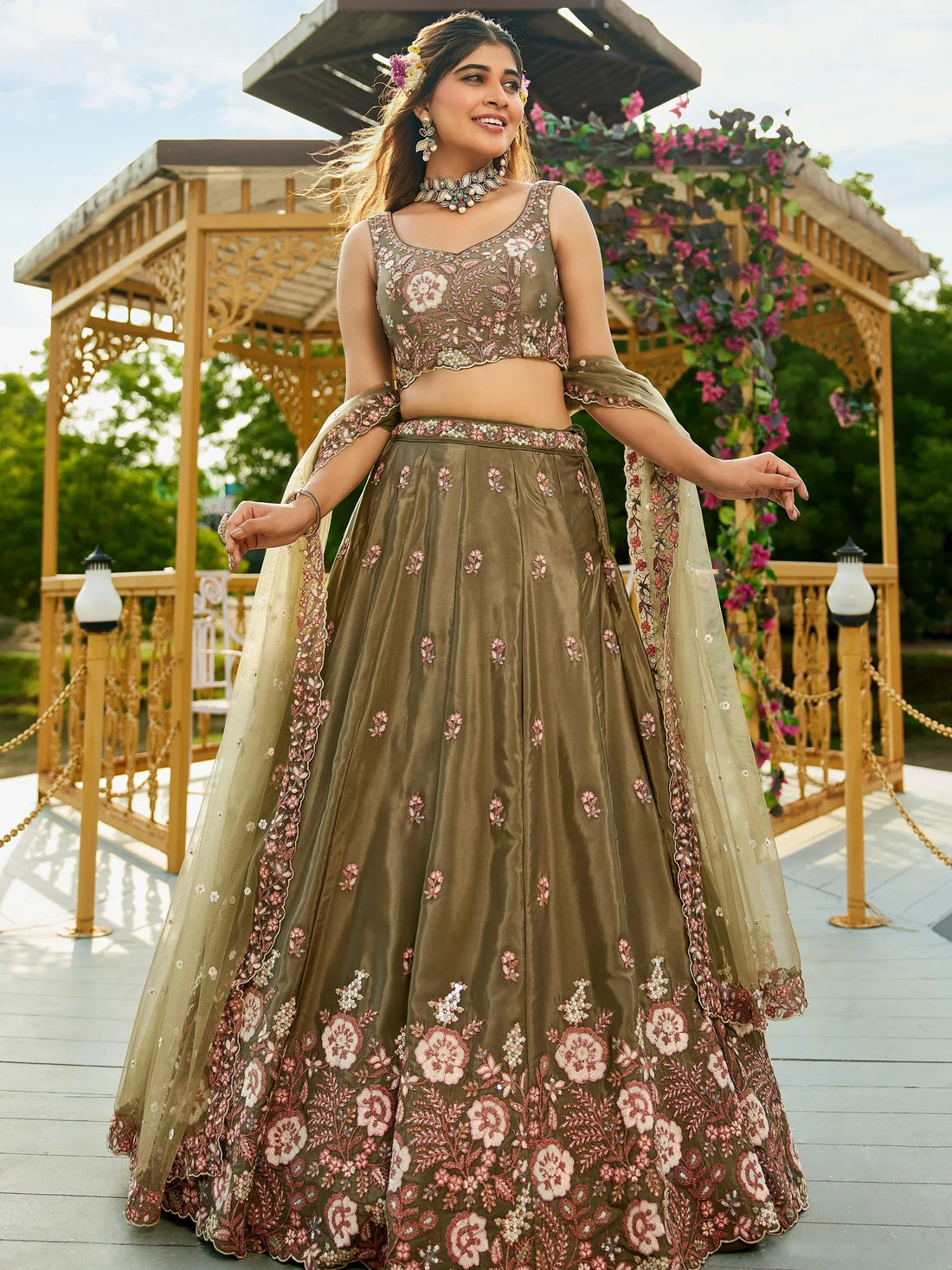 Beautiful Olive-Green Thread Work Satin Mehendi Wear Lehenga Choli - Zeel Clothing