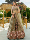 Beautiful Olive-Green Thread Work Satin Mehendi Wear Lehenga Choli - Zeel Clothing