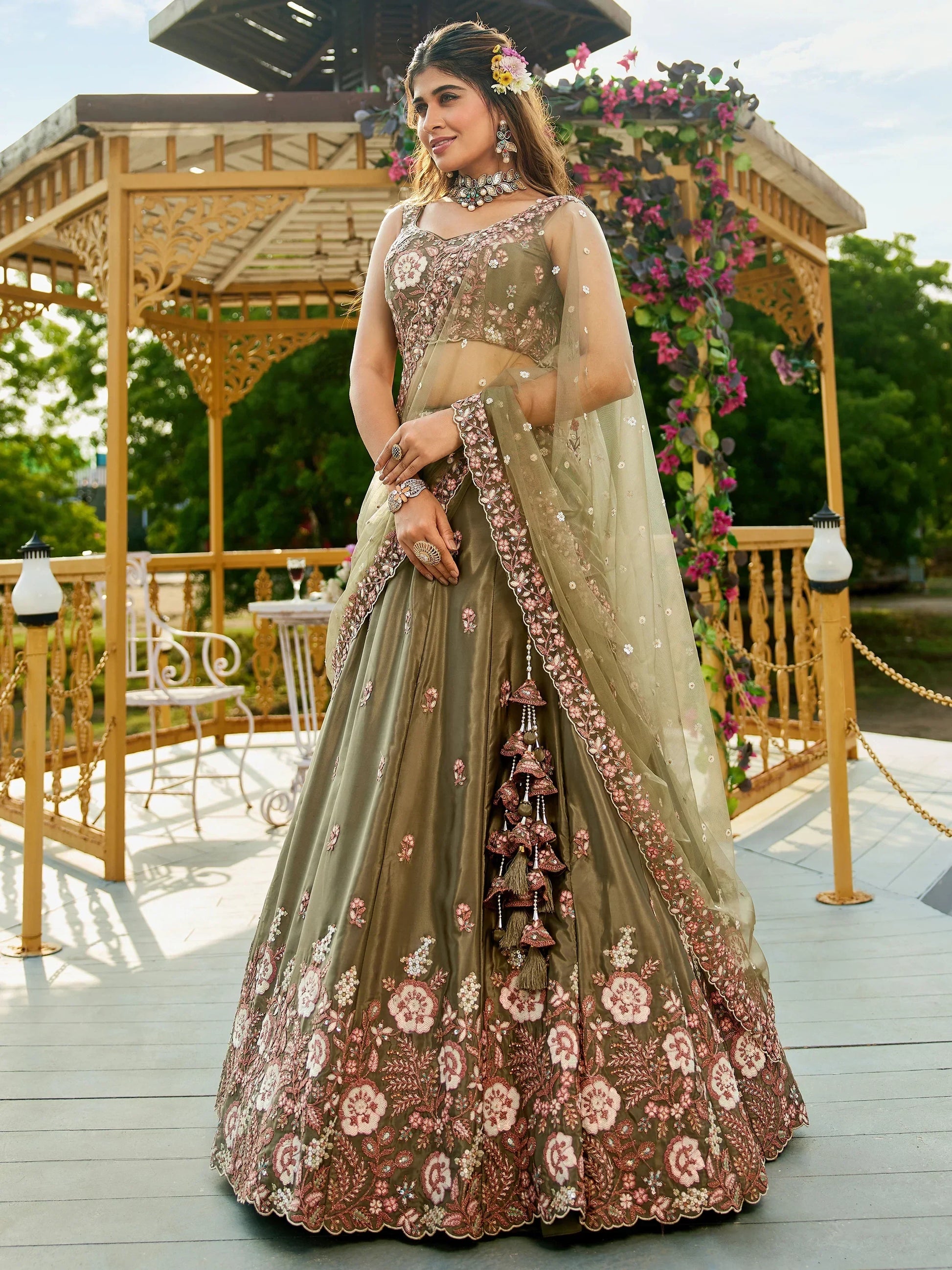 Beautiful Olive-Green Thread Work Satin Mehendi Wear Lehenga Choli - Zeel Clothing