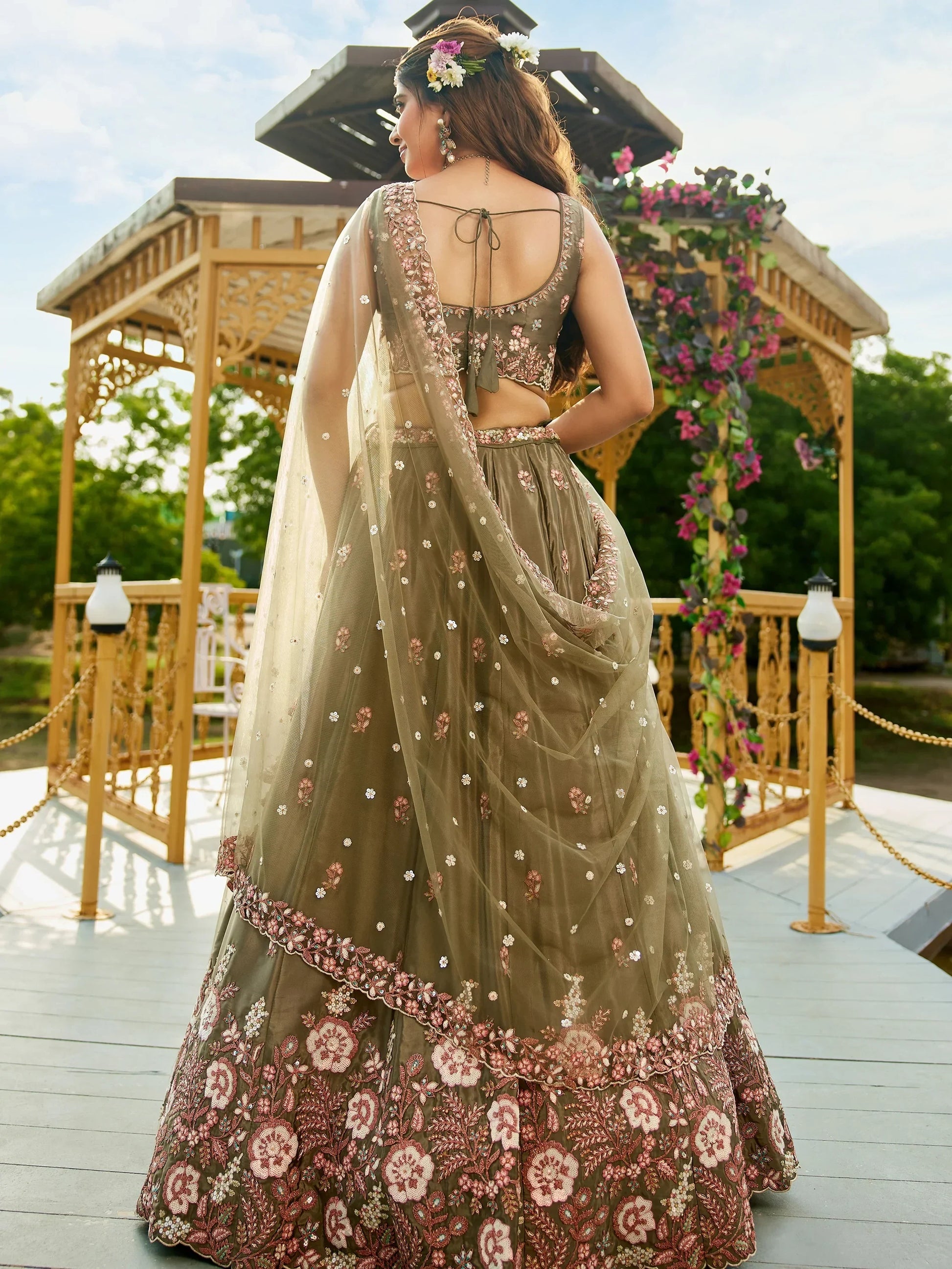 Beautiful Olive-Green Thread Work Satin Mehendi Wear Lehenga Choli - Zeel Clothing