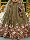 Beautiful Olive-Green Thread Work Satin Mehendi Wear Lehenga Choli - Zeel Clothing