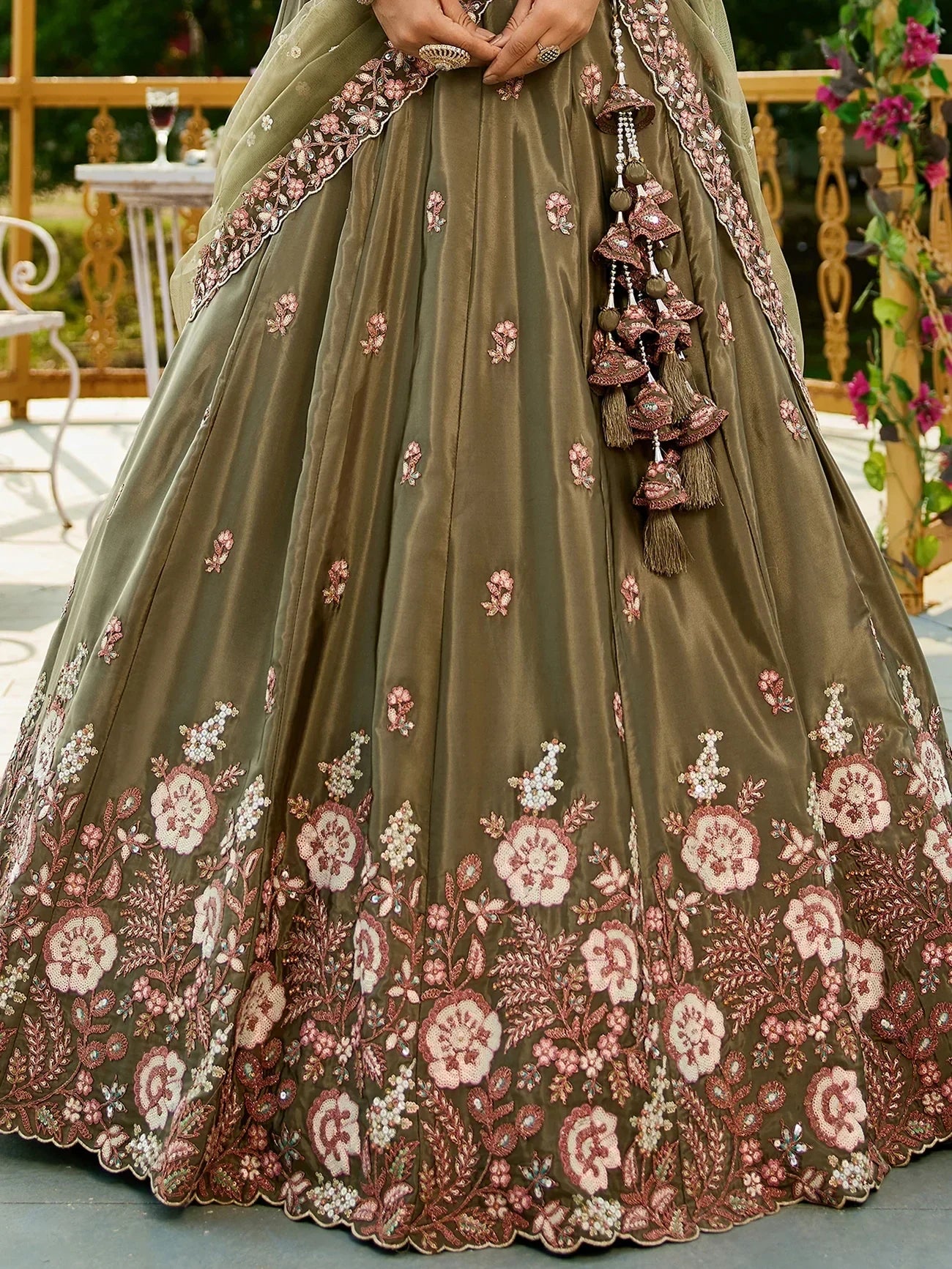 Beautiful Olive-Green Thread Work Satin Mehendi Wear Lehenga Choli - Zeel Clothing