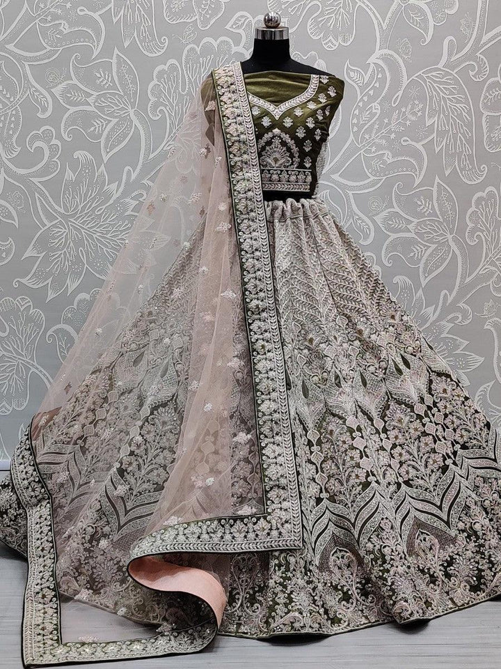 Beautiful Olive Green Velvet Multi-Thread Work Bridal Lehenga Choli