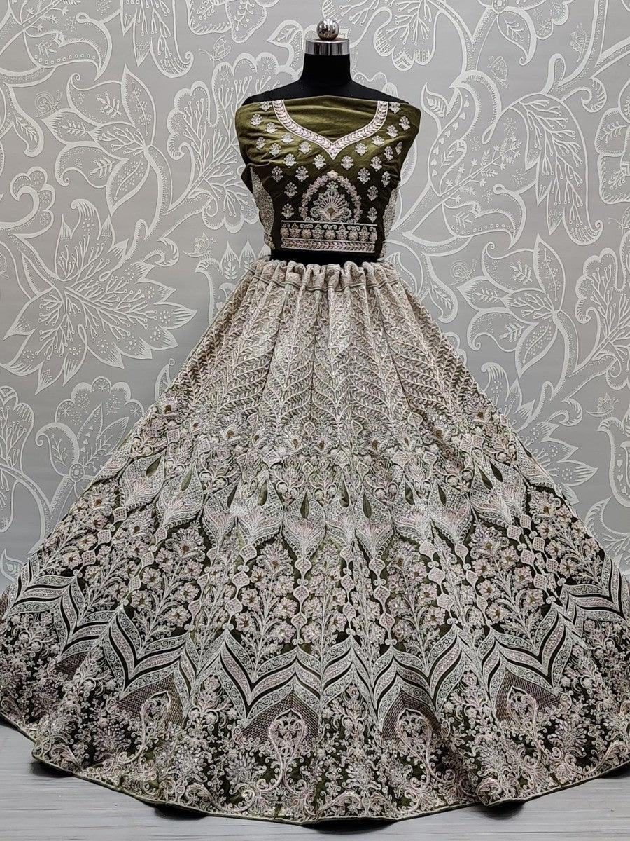 Beautiful Olive Green Velvet Multi-Thread Work Bridal Lehenga Choli