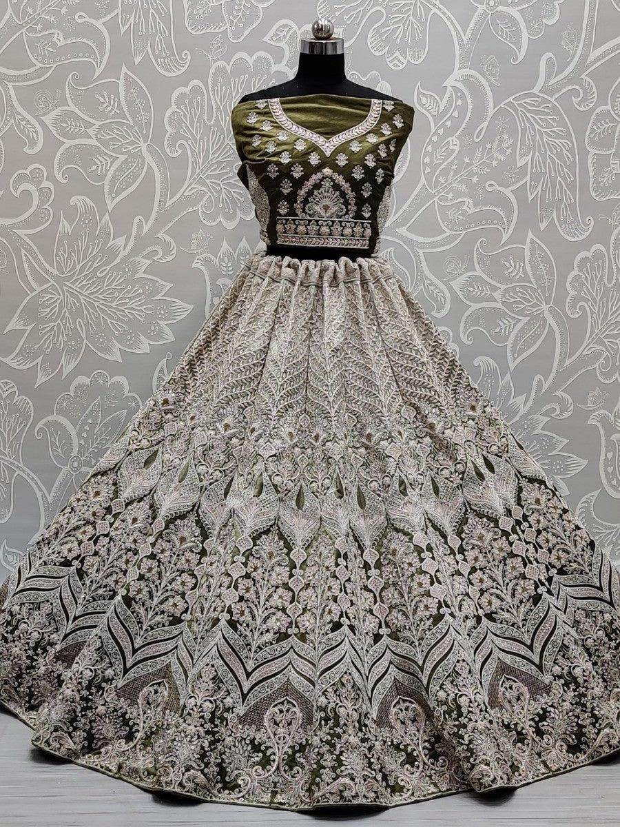 Beautiful Olive Green Velvet Multi-Thread Work Bridal Lehenga Choli - Zeel Clothing