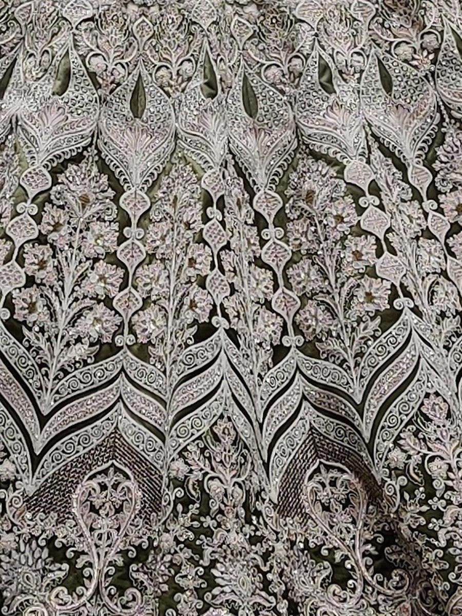 Beautiful Olive Green Velvet Multi-Thread Work Bridal Lehenga Choli - Zeel Clothing