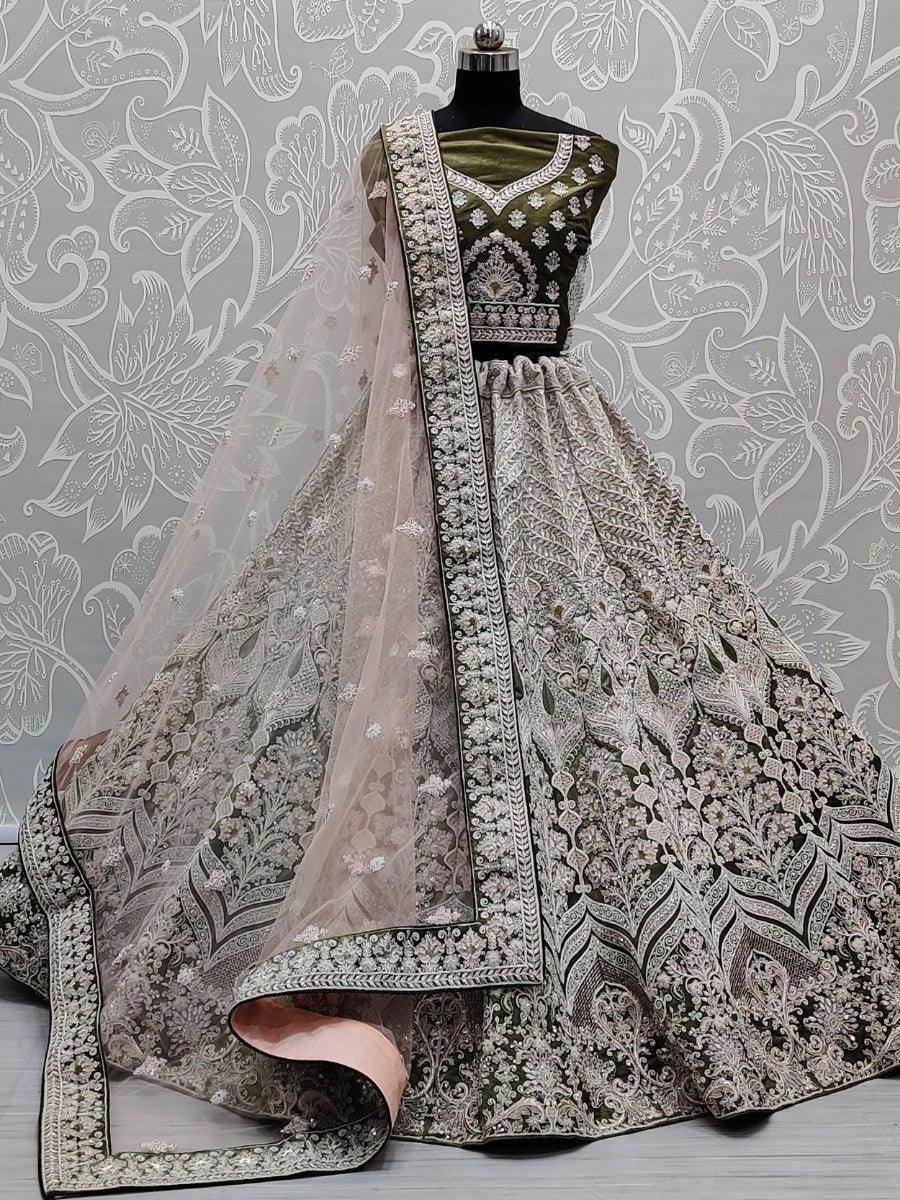 Beautiful Olive Green Velvet Multi-Thread Work Bridal Lehenga Choli - Zeel Clothing