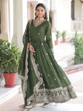Beautiful Olive Green Zari Embroidery Silk Mehendi Wear Gown With Dupatta