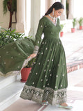 Beautiful Olive Green Zari Embroidery Silk Mehendi Wear Gown With Dupatta